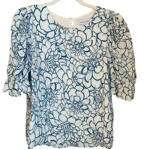 CARTOLINA NANTUCKET Connie Anne Puff Sleeve Top White Blue Floral Size S